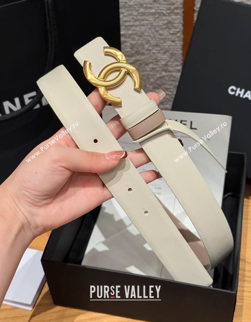 Chanel Calfskin Leather Reversible Belt 3cm with CC Buckle White/Gold 2025 1231 (99-251231122)