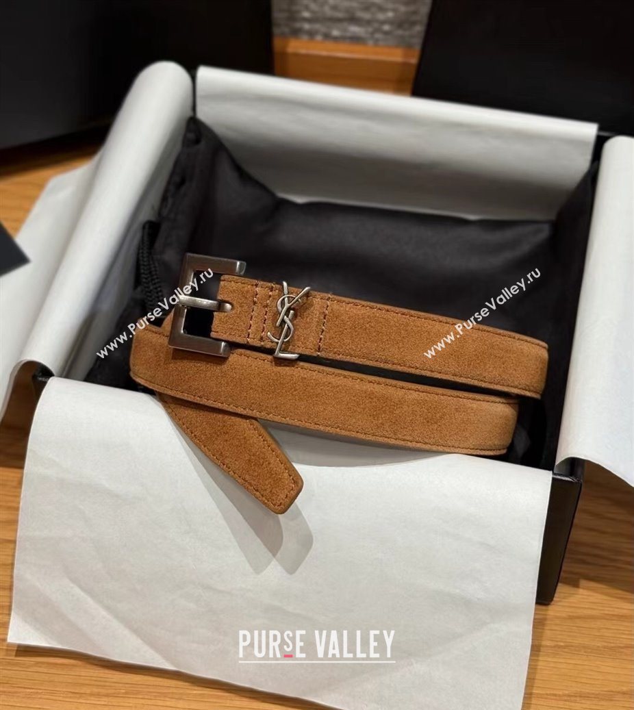 Saint Laurent Cassandre Belt 2cm in Suede and Leather Beige/Silver 2025 YSL26010401 (99-260104087)