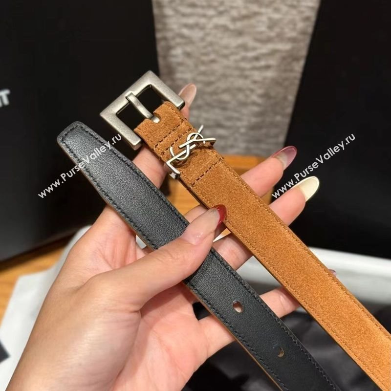Saint Laurent Cassandre Belt 2cm in Suede and Leather Beige/Silver 2025 YSL26010401 (99-260104087)