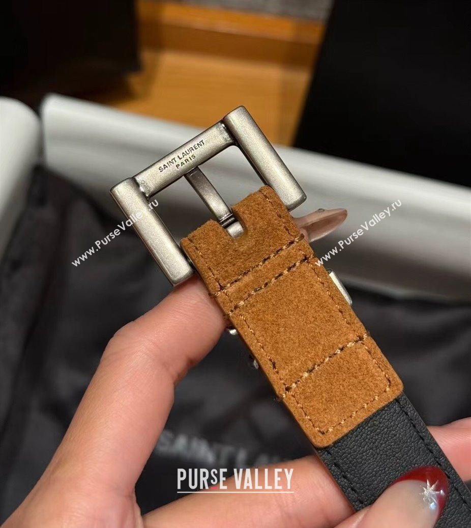 Saint Laurent Cassandre Belt 2cm in Suede and Leather Beige/Silver 2025 YSL26010401 (99-260104087)