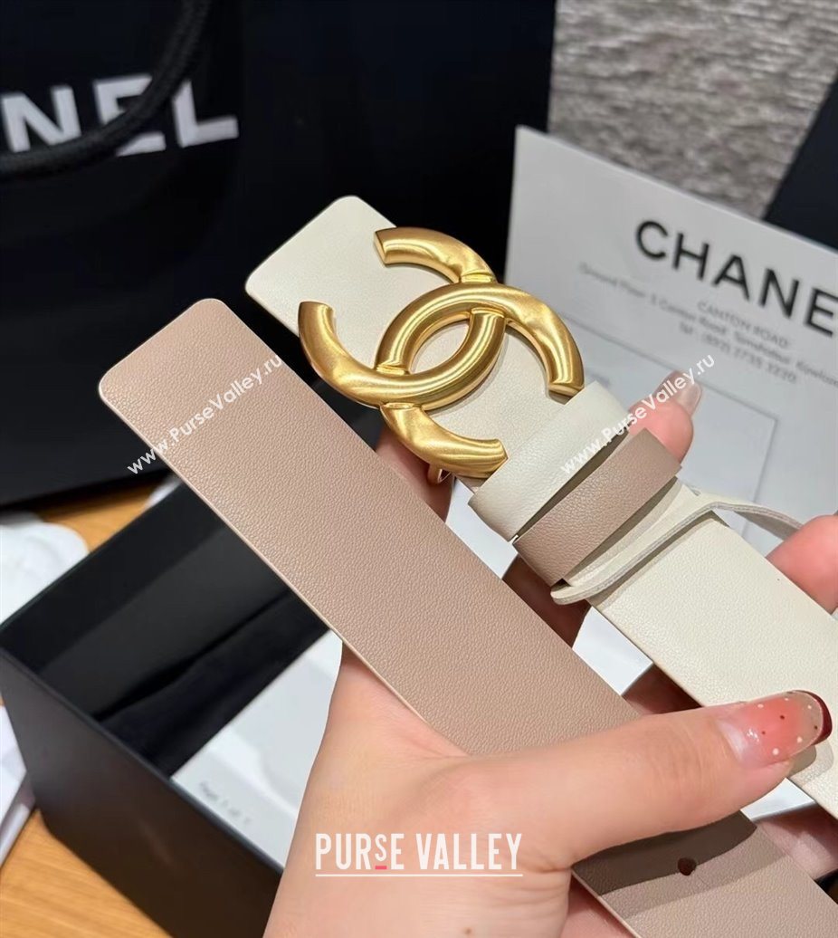 Chanel Calfskin Leather Reversible Belt 3cm with CC Buckle White/Gold 2025 1231 (99-251231122)