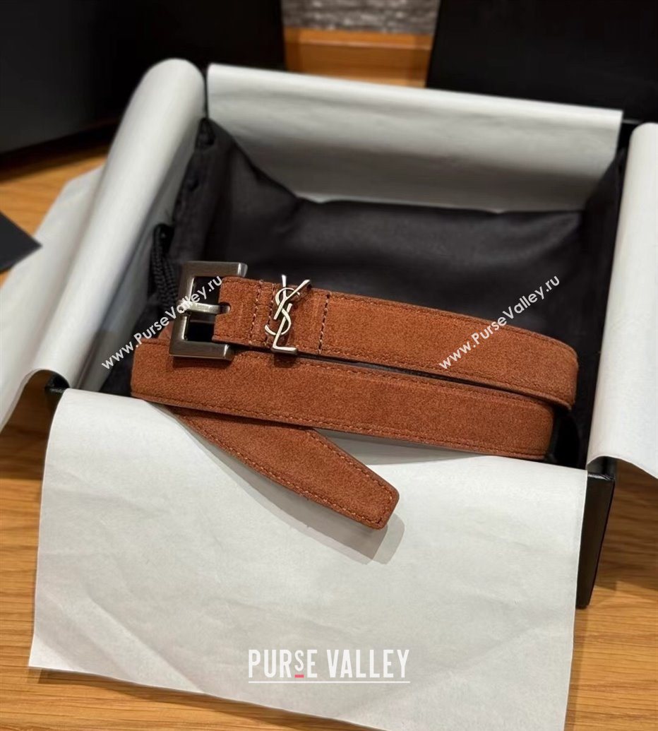 Saint Laurent Cassandre Belt 2cm in Suede and Leather Brown2/Silver 2025 YSL26010401 (99-260104089)