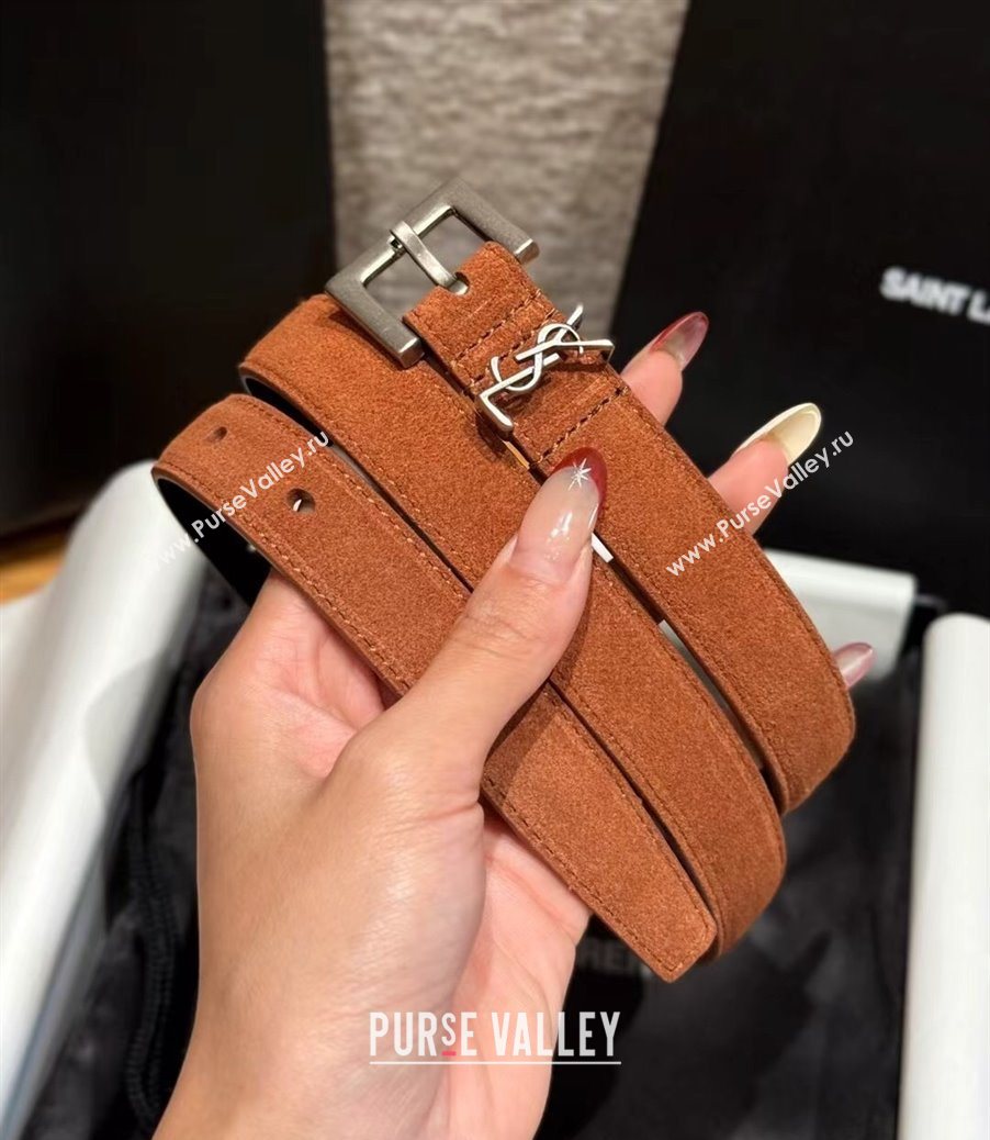 Saint Laurent Cassandre Belt 2cm in Suede and Leather Brown2/Silver 2025 YSL26010401 (99-260104089)