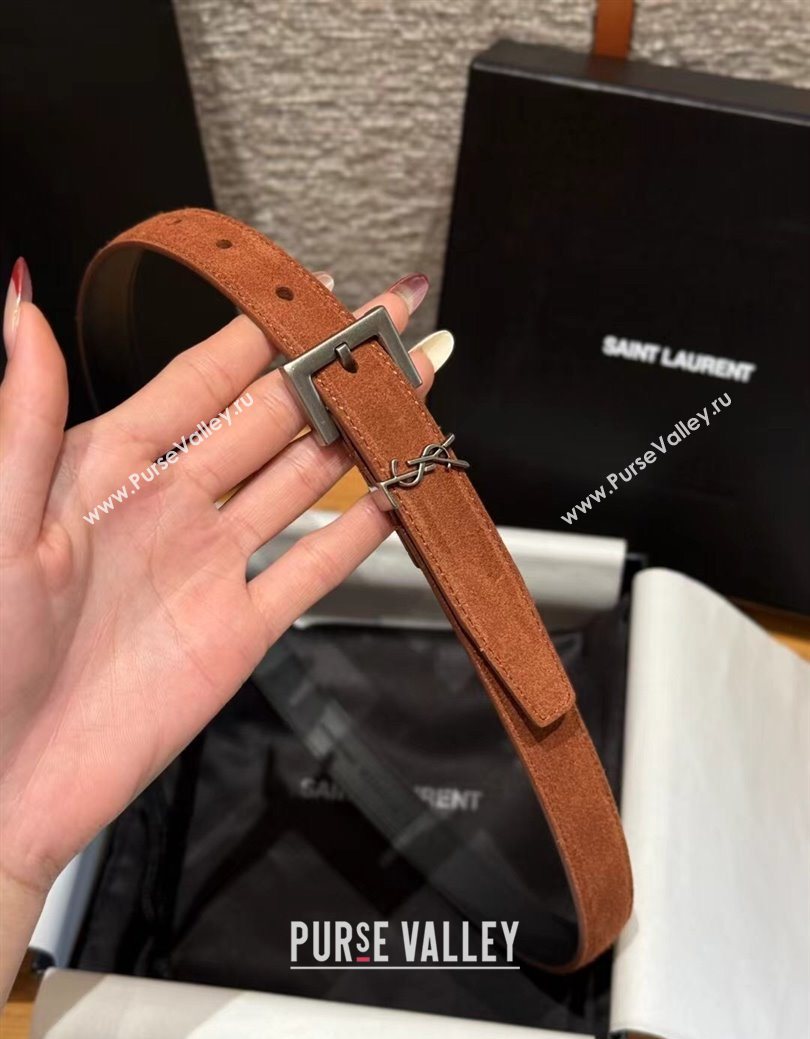Saint Laurent Cassandre Belt 2cm in Suede and Leather Brown2/Silver 2025 YSL26010401 (99-260104089)