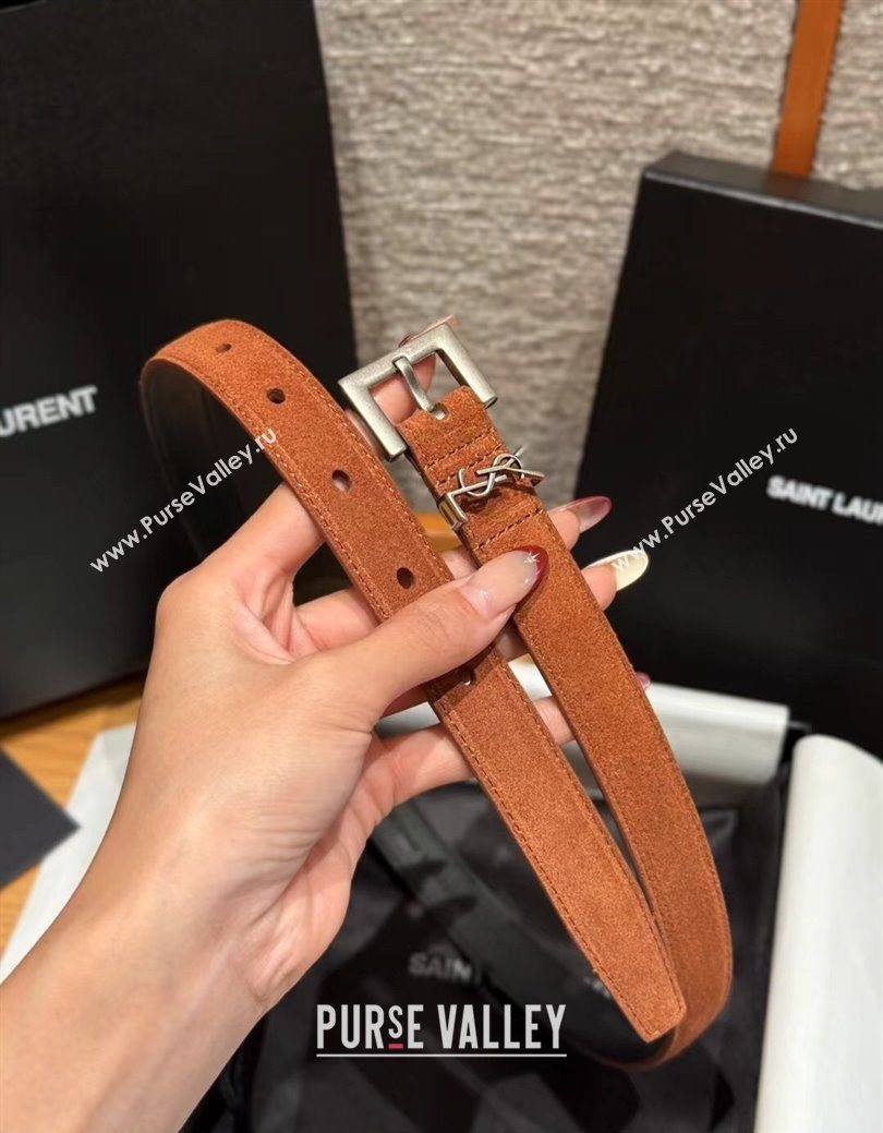 Saint Laurent Cassandre Belt 2cm in Suede and Leather Brown2/Silver 2025 YSL26010401 (99-260104089)