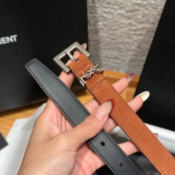 Saint Laurent Cassandre Belt 2cm in Suede and Leather Brown2/Silver 2025 YSL26010401 (99-260104089)