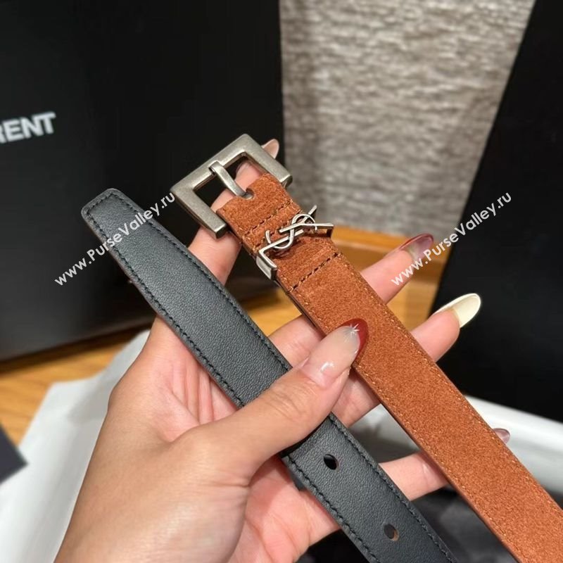 Saint Laurent Cassandre Belt 2cm in Suede and Leather Brown2/Silver 2025 YSL26010401 (99-260104089)