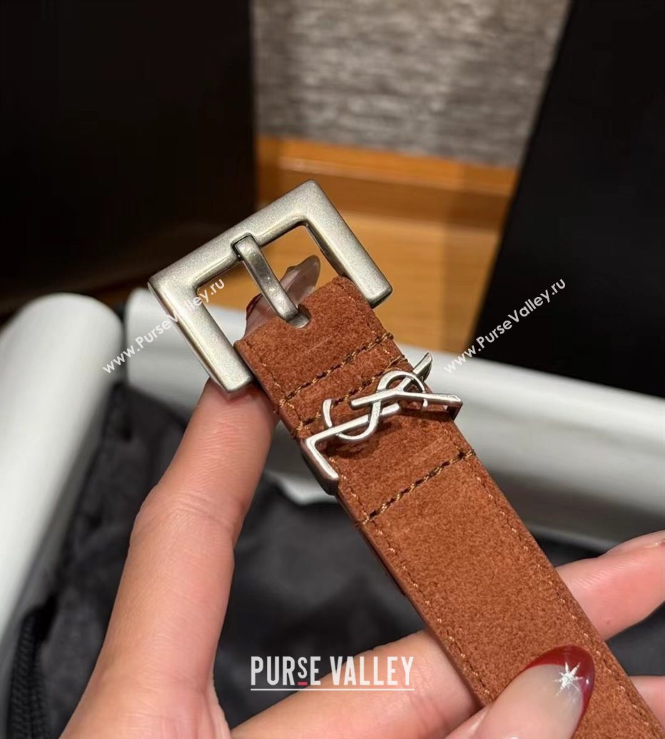Saint Laurent Cassandre Belt 2cm in Suede and Leather Brown2/Silver 2025 YSL26010401 (99-260104089)
