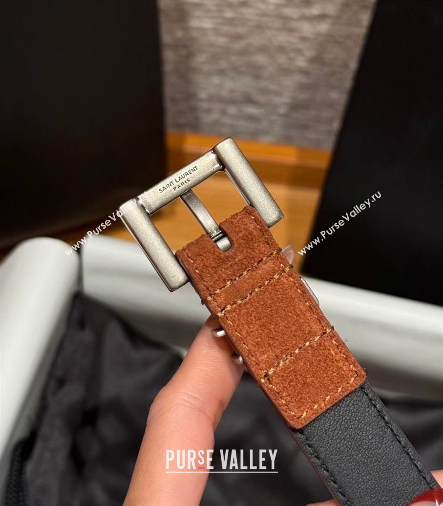 Saint Laurent Cassandre Belt 2cm in Suede and Leather Brown2/Silver 2025 YSL26010401 (99-260104089)