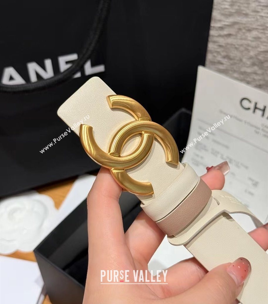 Chanel Calfskin Leather Reversible Belt 3cm with CC Buckle White/Gold 2025 1231 (99-251231122)