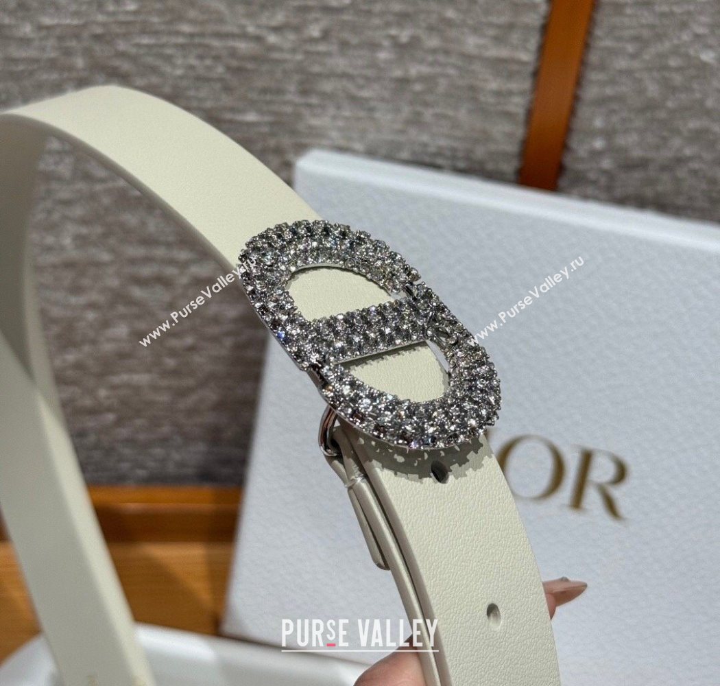 Dior Calfskin Leather Belt 2.5cm with Strass CD Buckle White/Silver 2025 1230 (99-251231155)