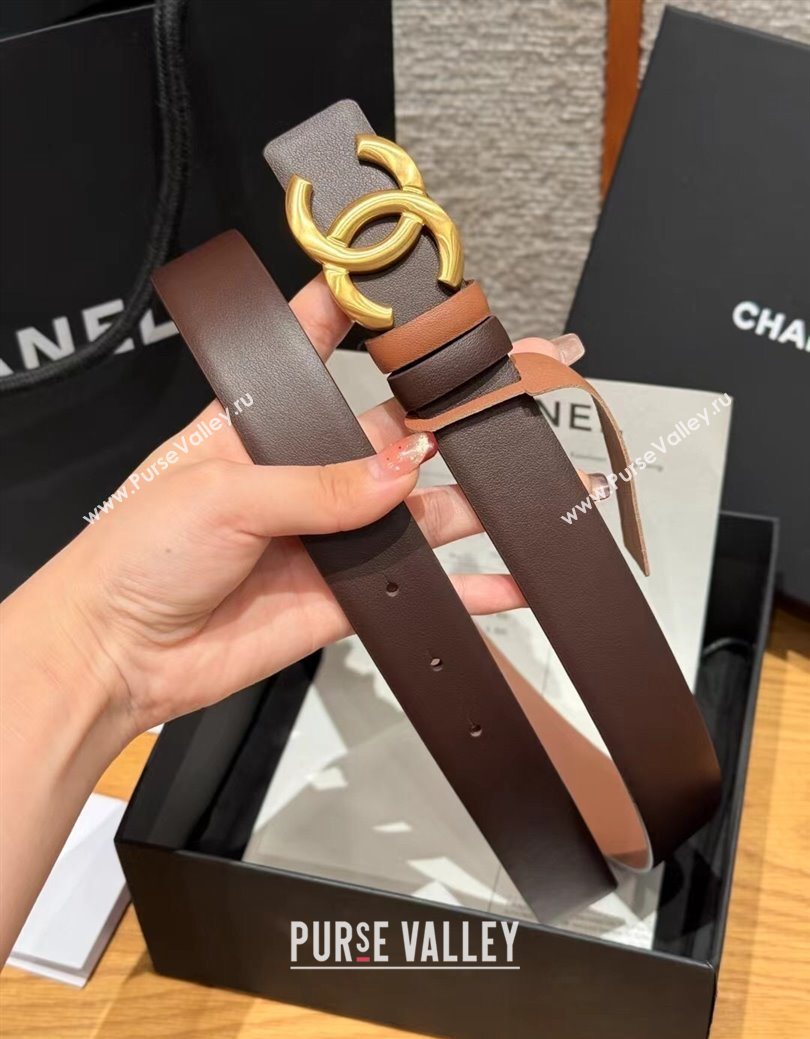 Chanel Calfskin Leather Reversible Belt 3cm with CC Buckle Chocolate/Gold 2025 1231 (99-251231123)