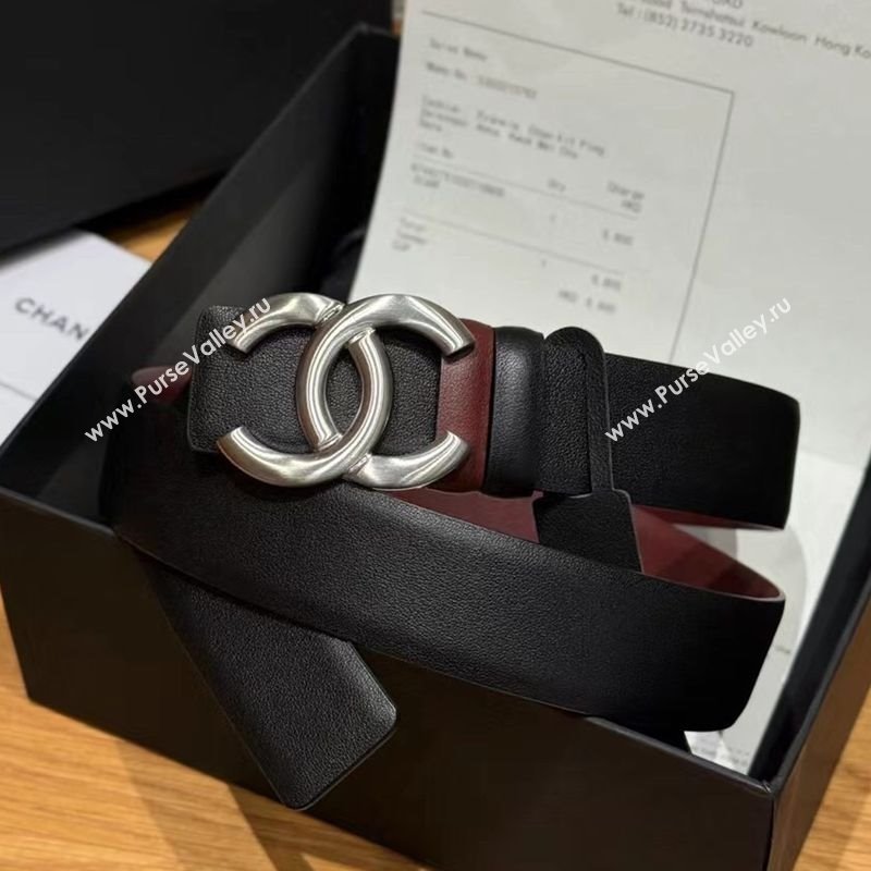 Chanel Calfskin Leather Reversible Belt 3cm with CC Buckle Black/Silver 2025 123101 (99-251231112)