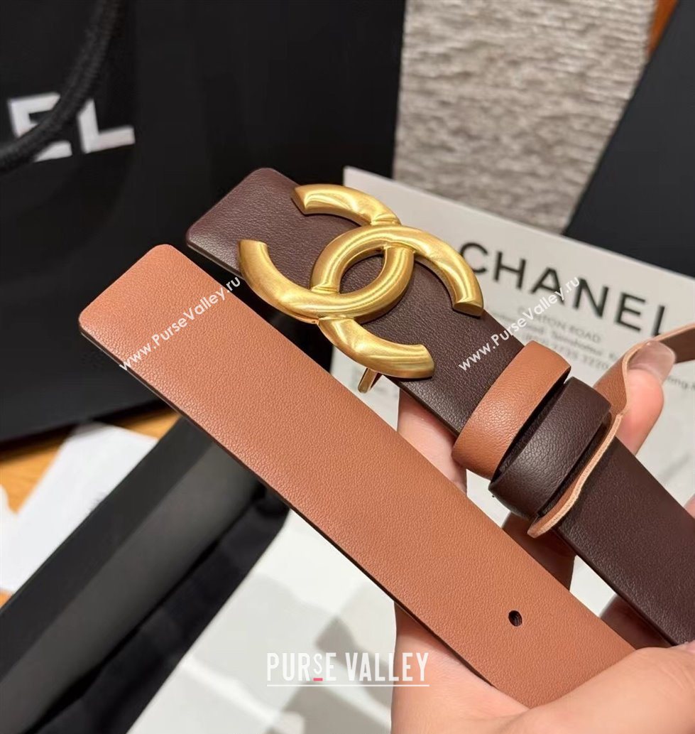 Chanel Calfskin Leather Reversible Belt 3cm with CC Buckle Chocolate/Gold 2025 1231 (99-251231123)