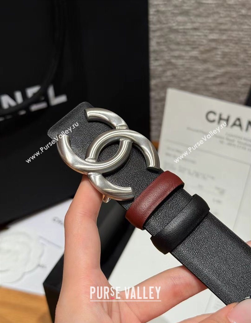 Chanel Calfskin Leather Reversible Belt 3cm with CC Buckle Black/Silver 2025 123101 (99-251231112)