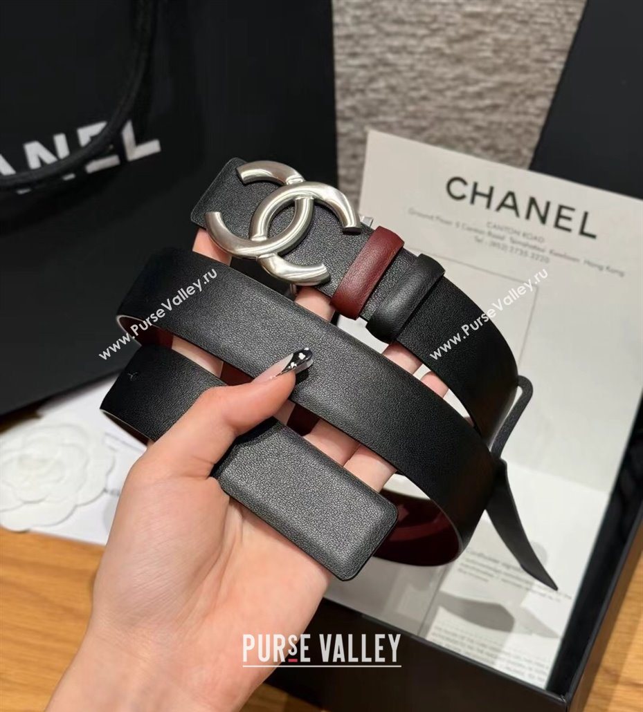 Chanel Calfskin Leather Reversible Belt 3cm with CC Buckle Black/Silver 2025 123101 (99-251231112)