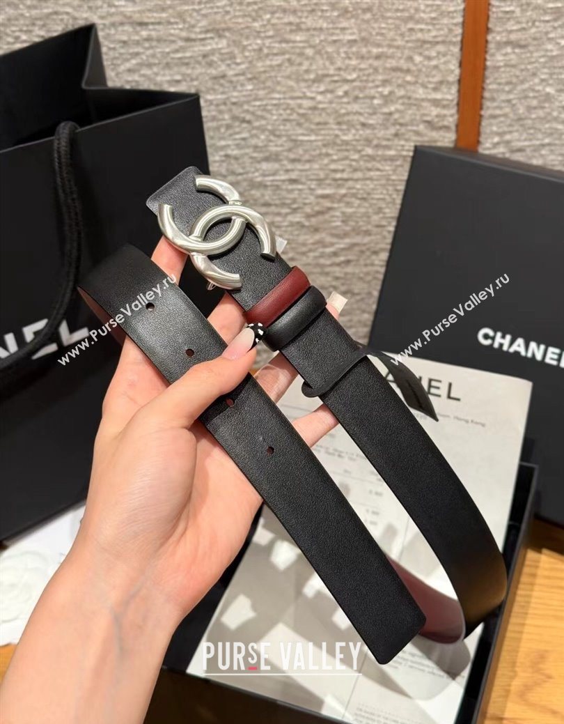 Chanel Calfskin Leather Reversible Belt 3cm with CC Buckle Black/Silver 2025 123101 (99-251231112)