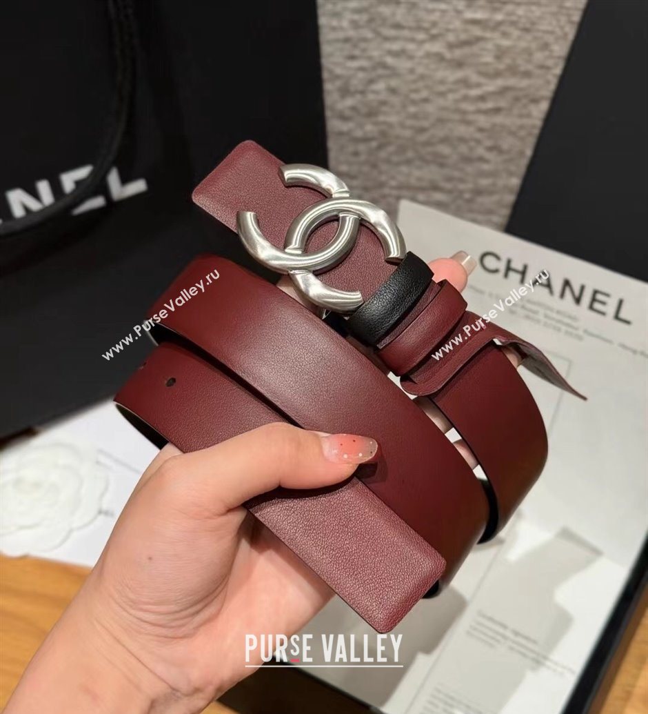 Chanel Calfskin Leather Reversible Belt 3cm with CC Buckle Burgundy/Silver 2025 1231 (99-251231113)