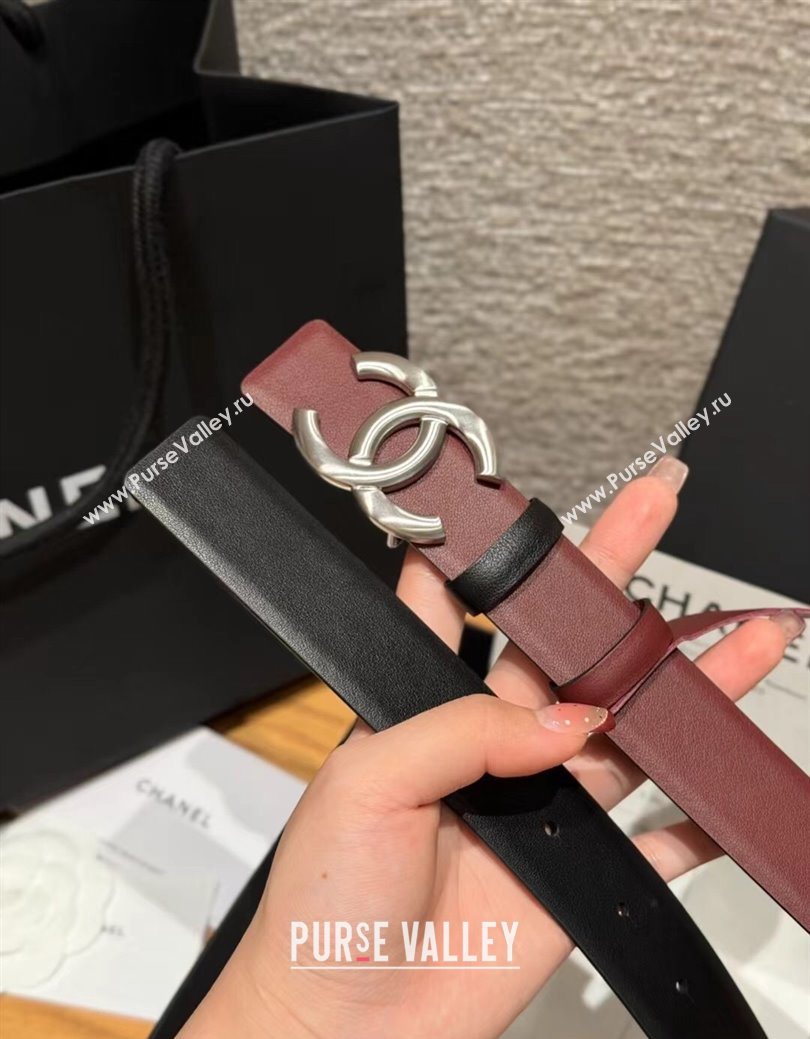 Chanel Calfskin Leather Reversible Belt 3cm with CC Buckle Burgundy/Silver 2025 1231 (99-251231113)