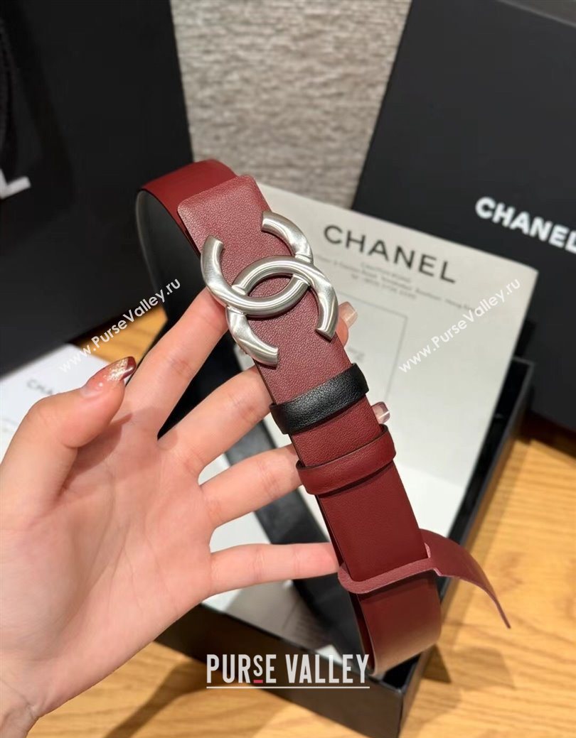 Chanel Calfskin Leather Reversible Belt 3cm with CC Buckle Burgundy/Silver 2025 1231 (99-251231113)