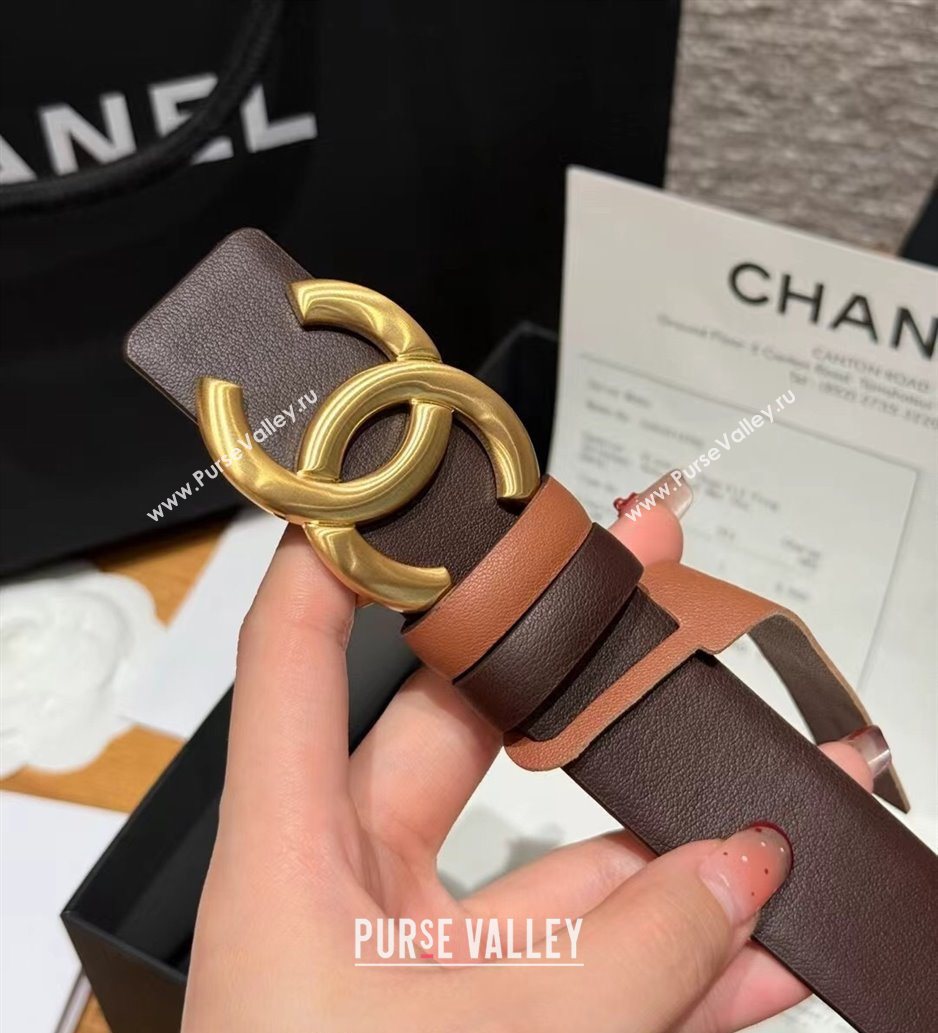 Chanel Calfskin Leather Reversible Belt 3cm with CC Buckle Chocolate/Gold 2025 1231 (99-251231123)