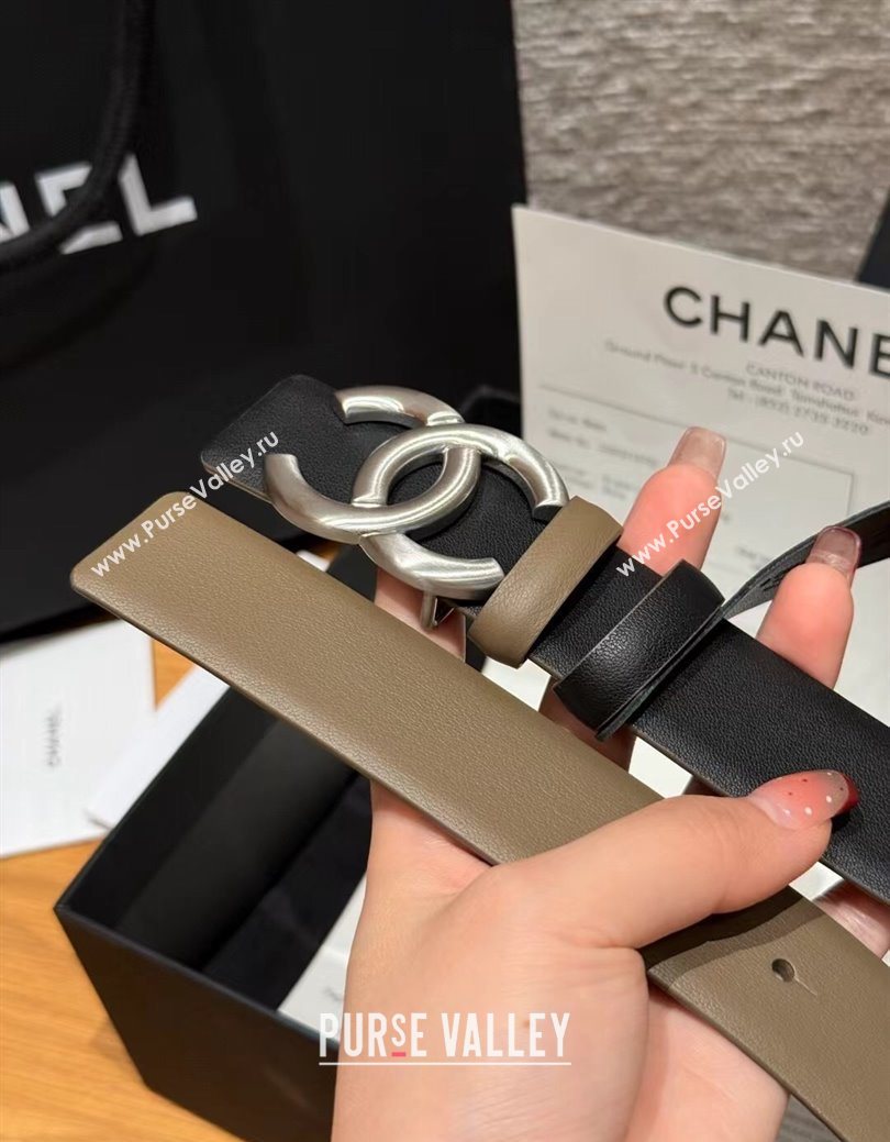 Chanel Calfskin Leather Reversible Belt 3cm with CC Buckle Black/Silver 2025 123102 (99-251231116)