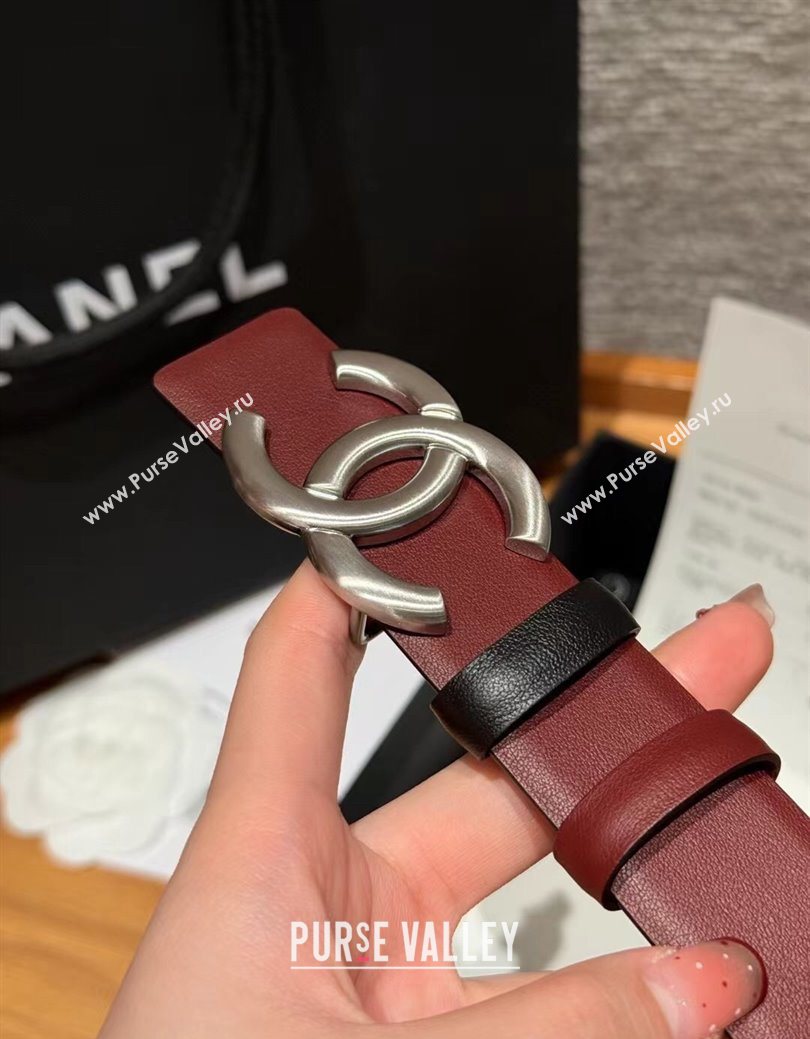 Chanel Calfskin Leather Reversible Belt 3cm with CC Buckle Burgundy/Silver 2025 1231 (99-251231113)