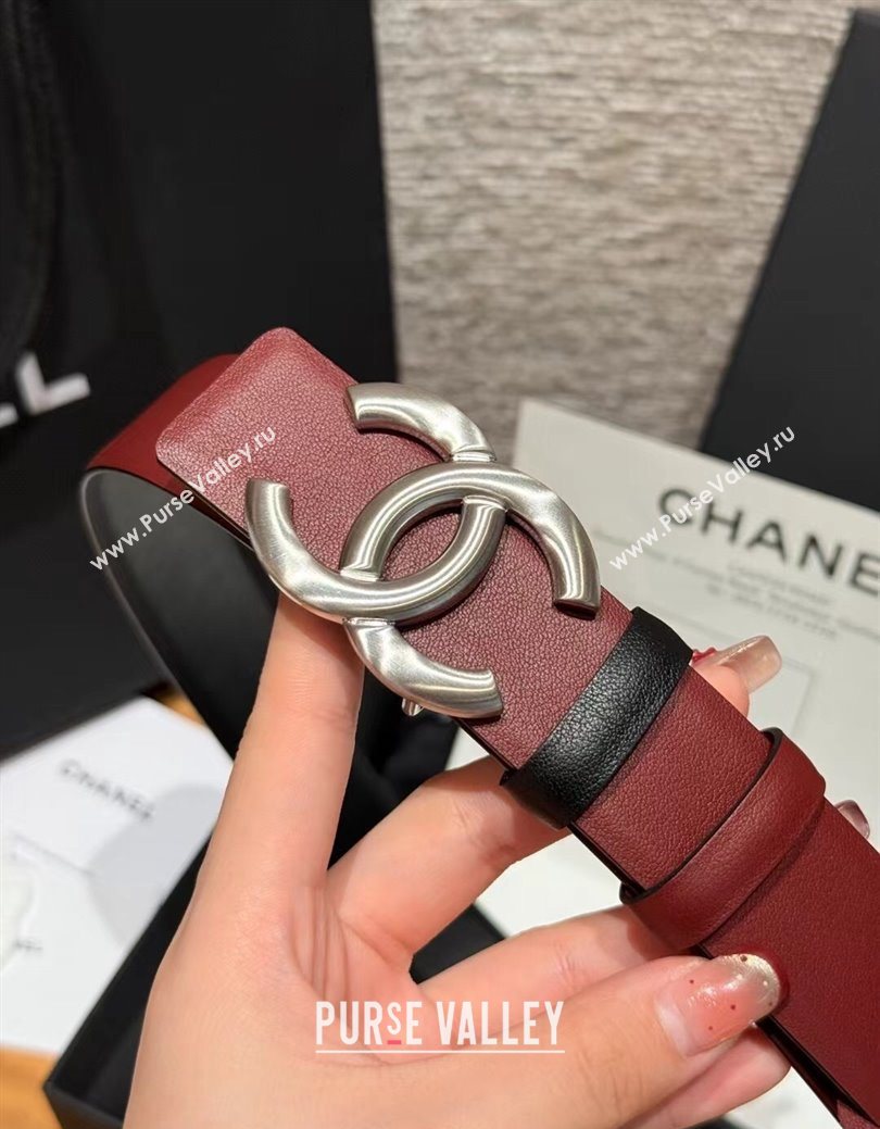 Chanel Calfskin Leather Reversible Belt 3cm with CC Buckle Burgundy/Silver 2025 1231 (99-251231113)