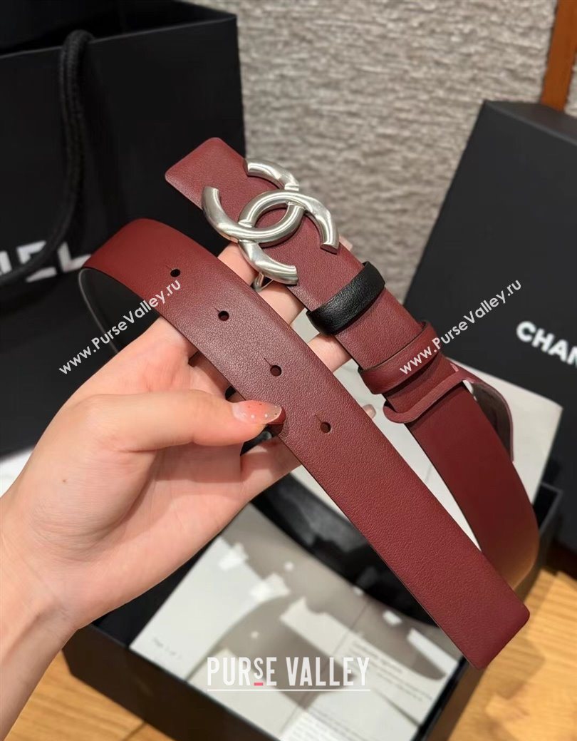 Chanel Calfskin Leather Reversible Belt 3cm with CC Buckle Burgundy/Silver 2025 1231 (99-251231113)