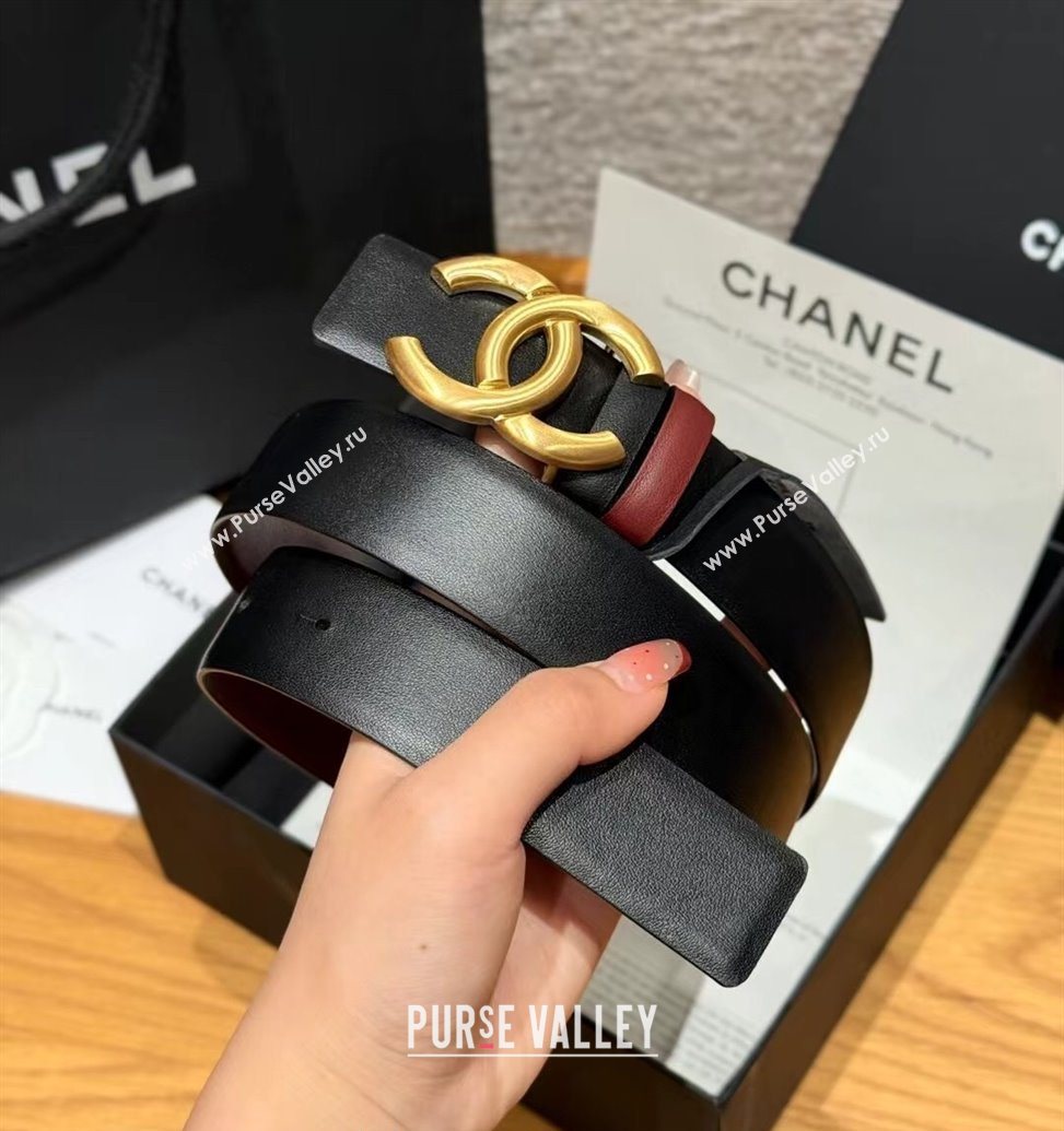 Chanel Calfskin Leather Reversible Belt 3cm with CC Buckle Black/Gold 2025 123101 (99-251231115)