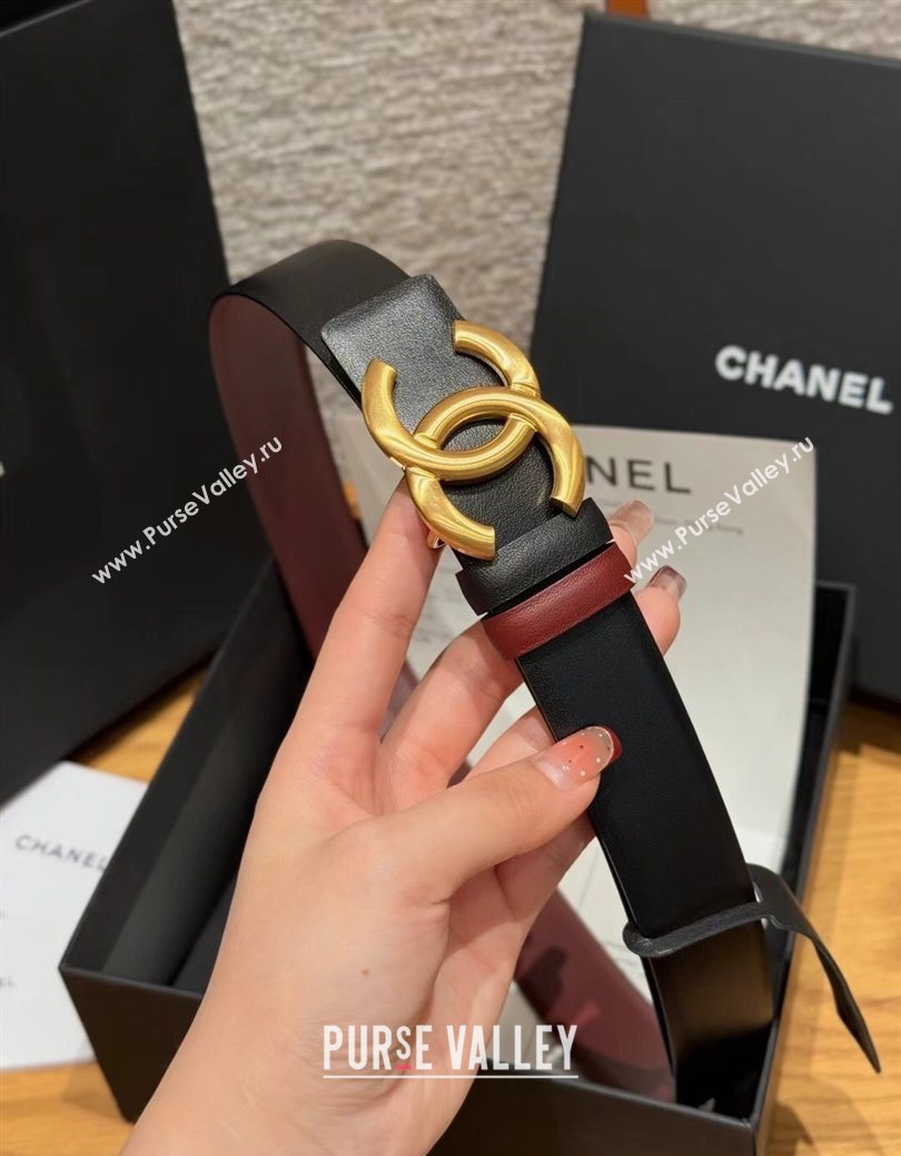 Chanel Calfskin Leather Reversible Belt 3cm with CC Buckle Black/Gold 2025 123101 (99-251231115)