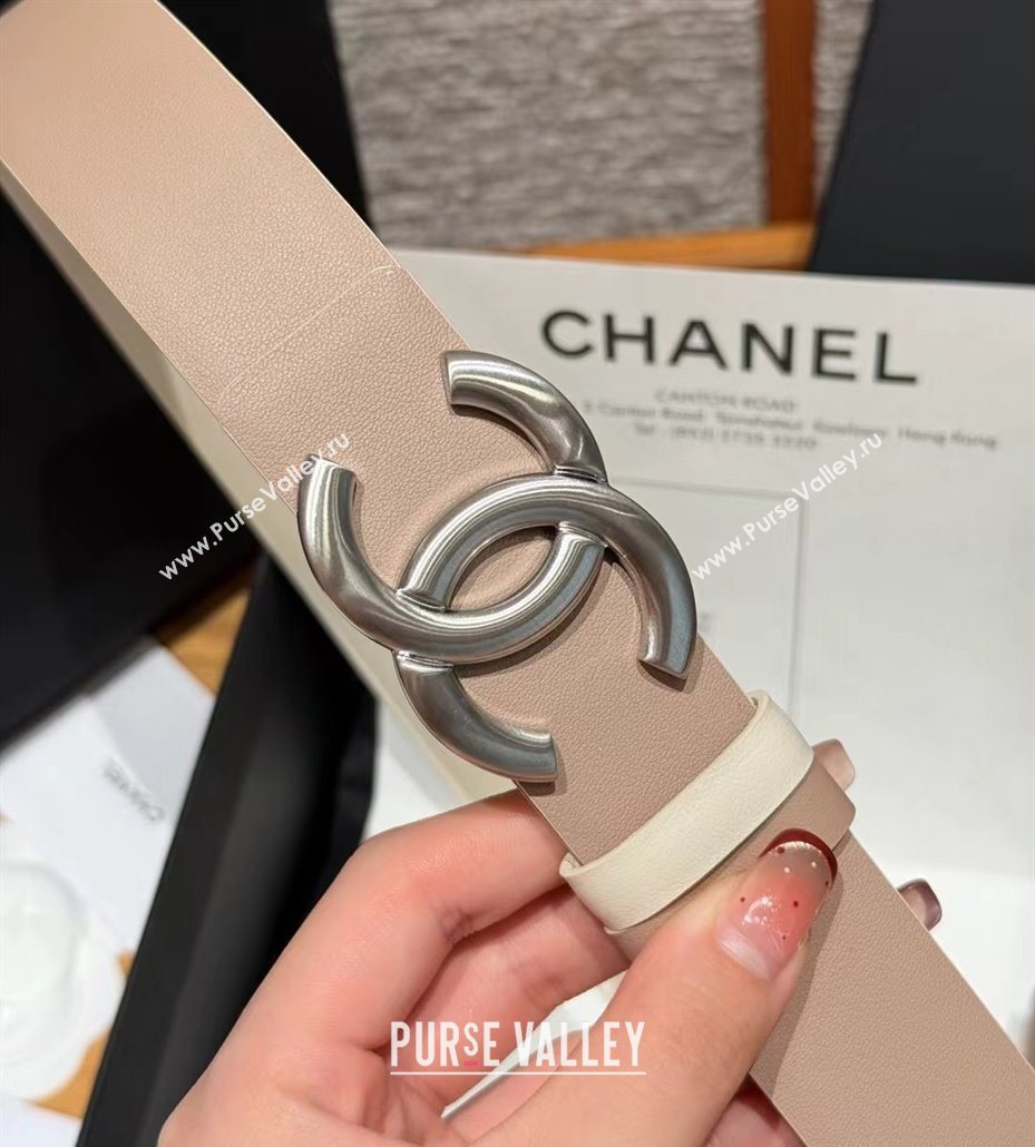 Chanel Calfskin Leather Reversible Belt 3cm with CC Buckle Nude/Silver 2025 1231 (99-251231124)