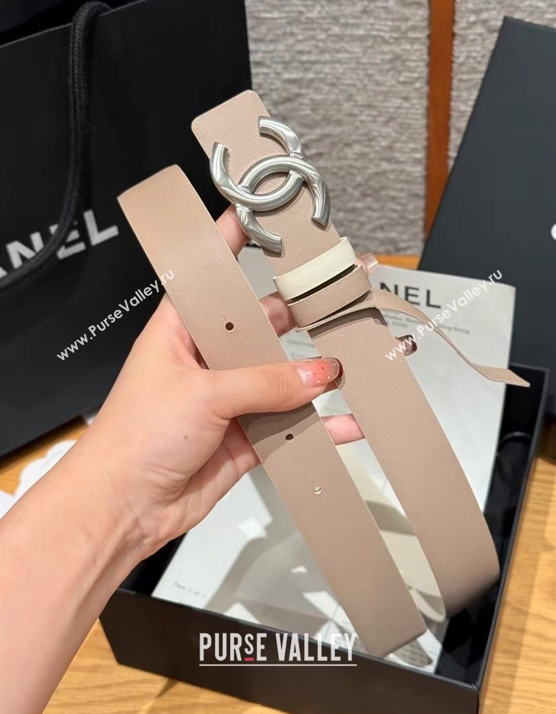 Chanel Calfskin Leather Reversible Belt 3cm with CC Buckle Nude/Silver 2025 1231 (99-251231124)