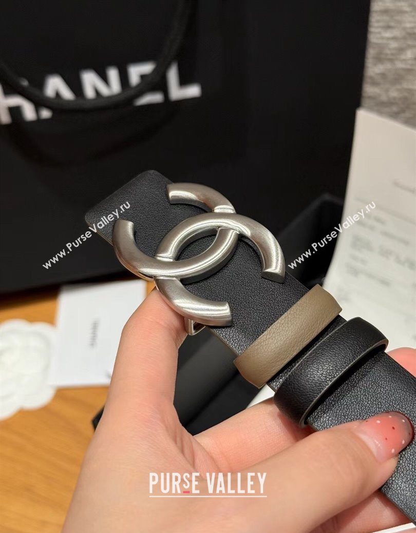 Chanel Calfskin Leather Reversible Belt 3cm with CC Buckle Black/Silver 2025 123102 (99-251231116)