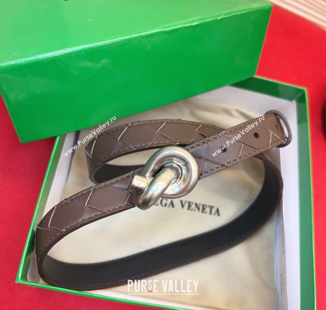 Bottega Veneta Intrecciato Leather Belt 2cm with Knot Buckle Coffee/Silver 2025 BV26010402 (99-260104054)