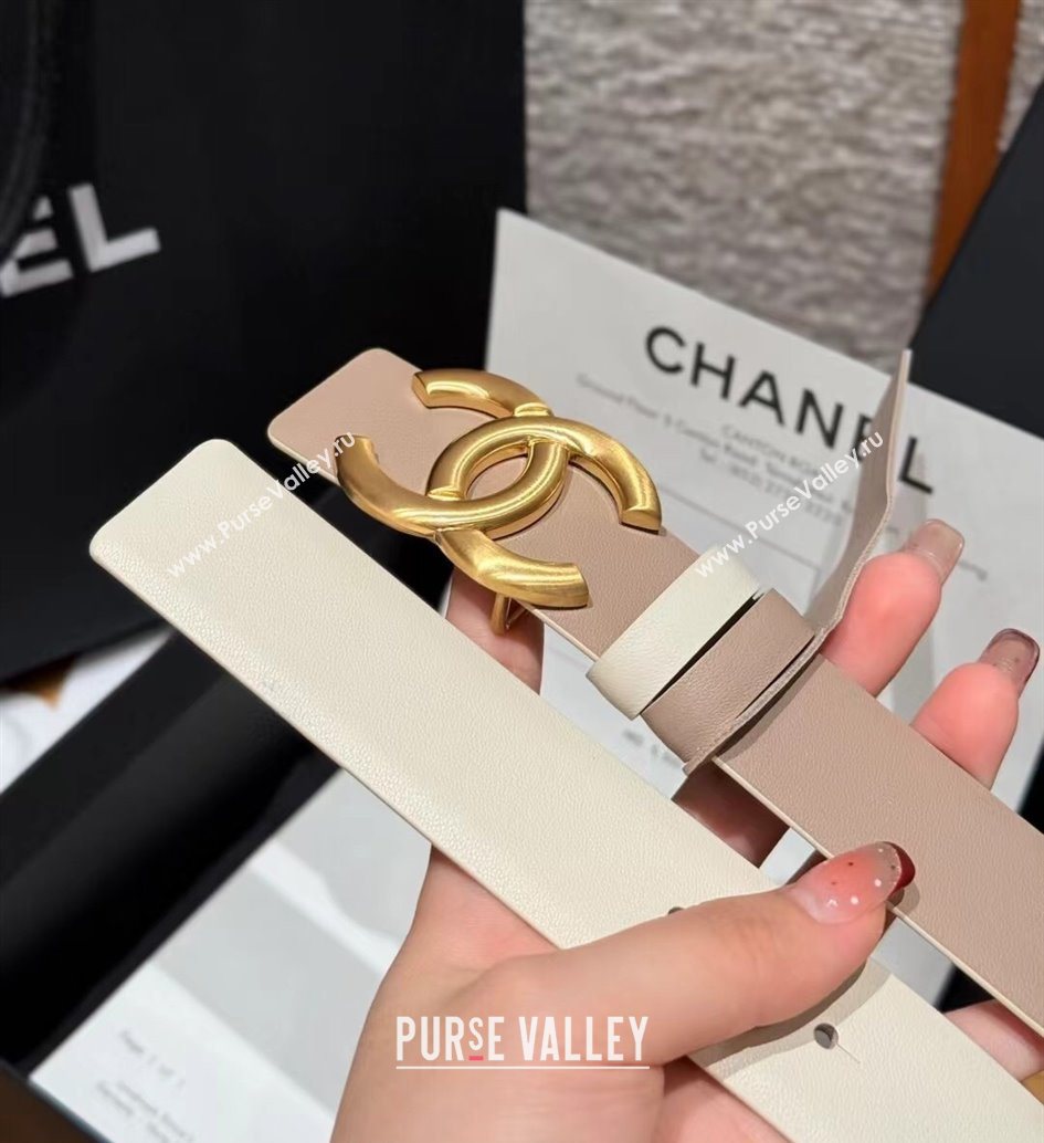 Chanel Calfskin Leather Reversible Belt 3cm with CC Buckle Nude/Gold 2025 1231 (99-251231125)