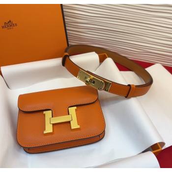 Hermes Kelly Buckle Slim Pouch Belt in Grained Calfskin with Gold Hardware Orange 2026 0104 (99-260104122)
