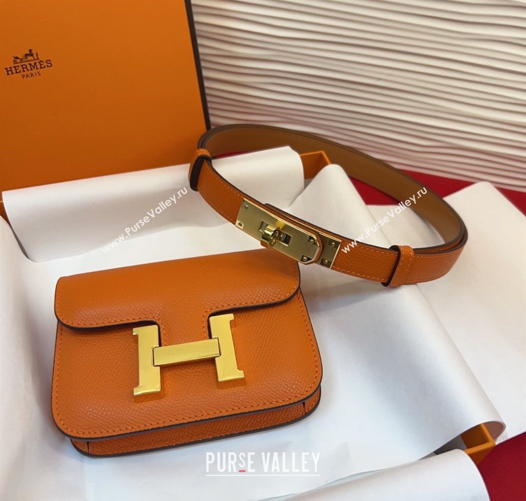 Hermes Kelly Buckle Slim Pouch Belt in Grained Calfskin with Gold Hardware Orange 2026 0104 (99-260104122)
