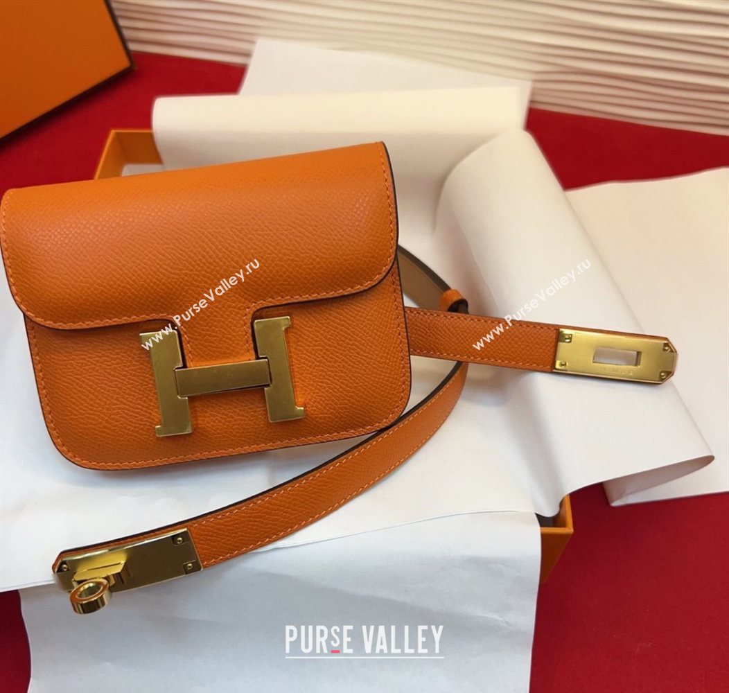 Hermes Kelly Buckle Slim Pouch Belt in Grained Calfskin with Gold Hardware Orange 2026 0104 (99-260104122)