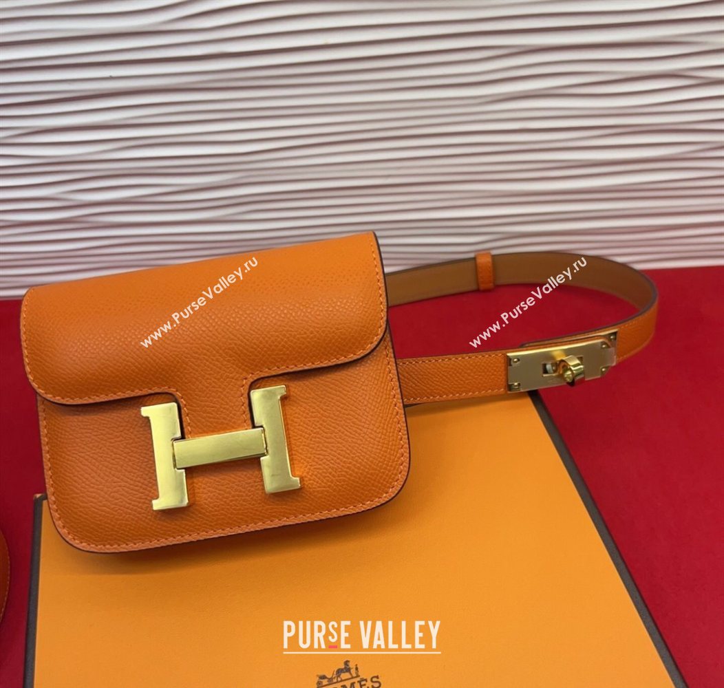Hermes Kelly Buckle Slim Pouch Belt in Grained Calfskin with Gold Hardware Orange 2026 0104 (99-260104122)