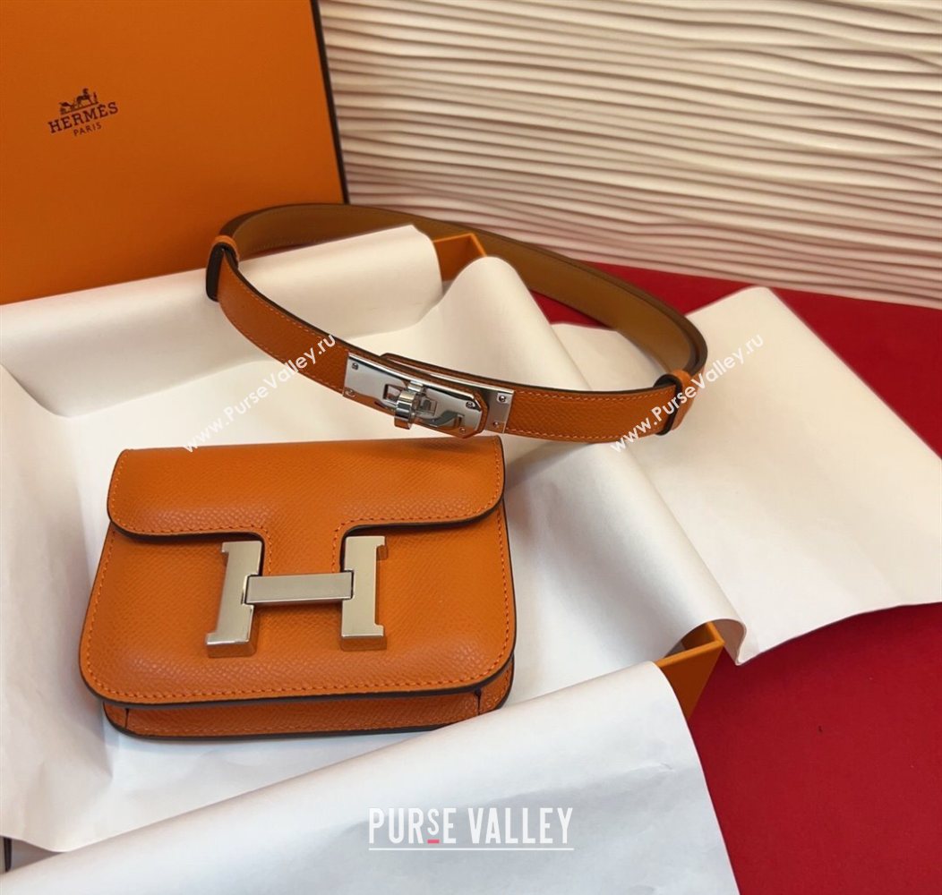 Hermes Kelly Buckle Slim Pouch Belt in Grained Calfskin with Silver Hardware Orange 2026 0104 (99-260104123)