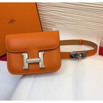 Hermes Kelly Buckle Slim Pouch Belt in Grained Calfskin with Silver Hardware Orange 2026 0104 (99-260104123)