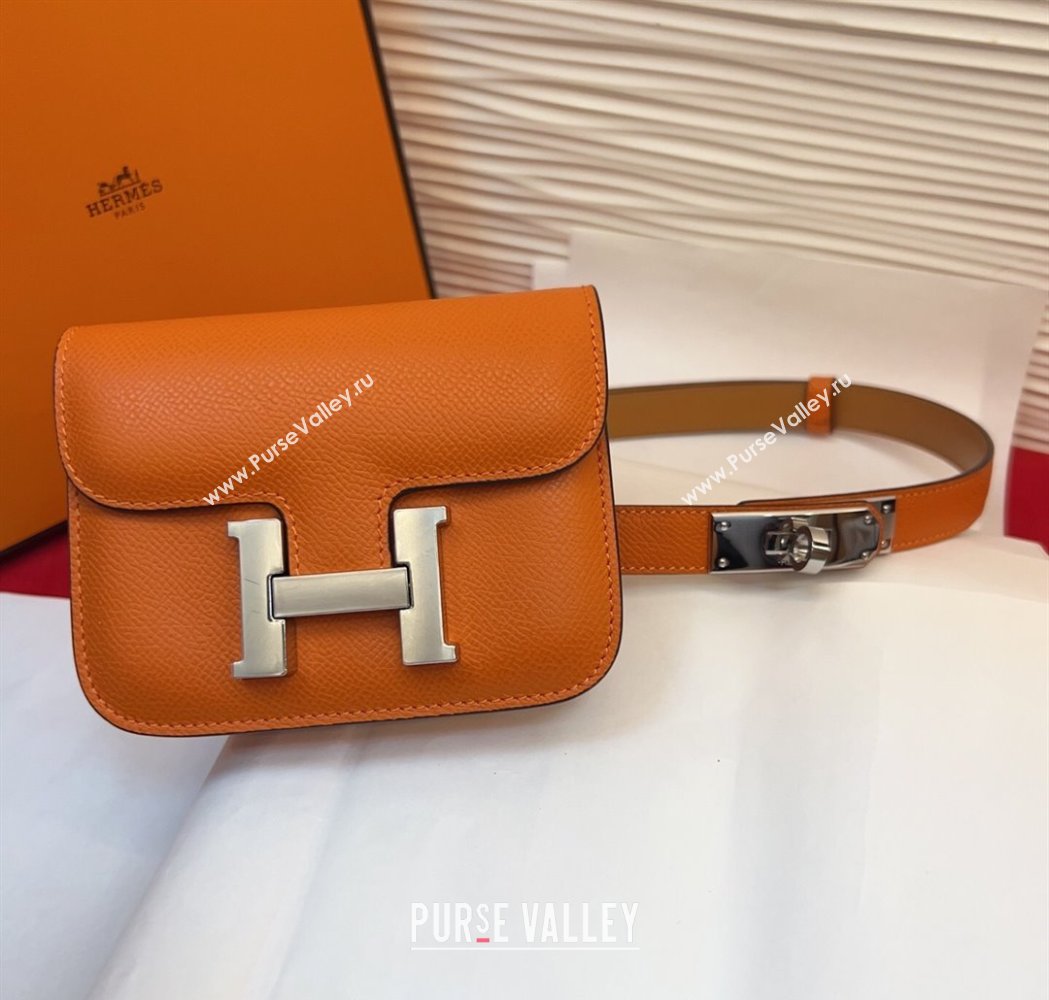 Hermes Kelly Buckle Slim Pouch Belt in Grained Calfskin with Silver Hardware Orange 2026 0104 (99-260104123)