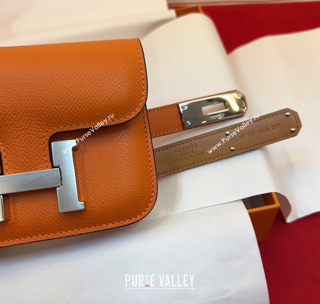 Hermes Kelly Buckle Slim Pouch Belt in Grained Calfskin with Silver Hardware Orange 2026 0104 (99-260104123)