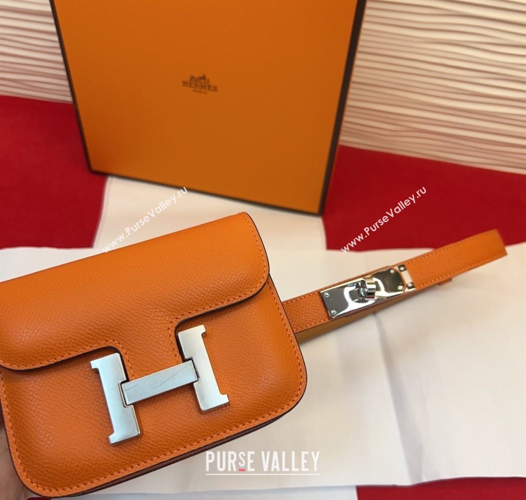 Hermes Kelly Buckle Slim Pouch Belt in Grained Calfskin with Silver Hardware Orange 2026 0104 (99-260104123)
