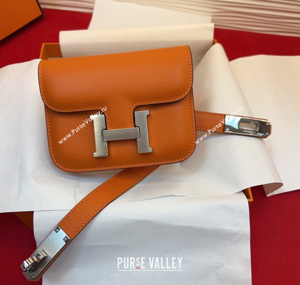 Hermes Kelly Buckle Slim Pouch Belt in Grained Calfskin with Silver Hardware Orange 2026 0104 (99-260104123)
