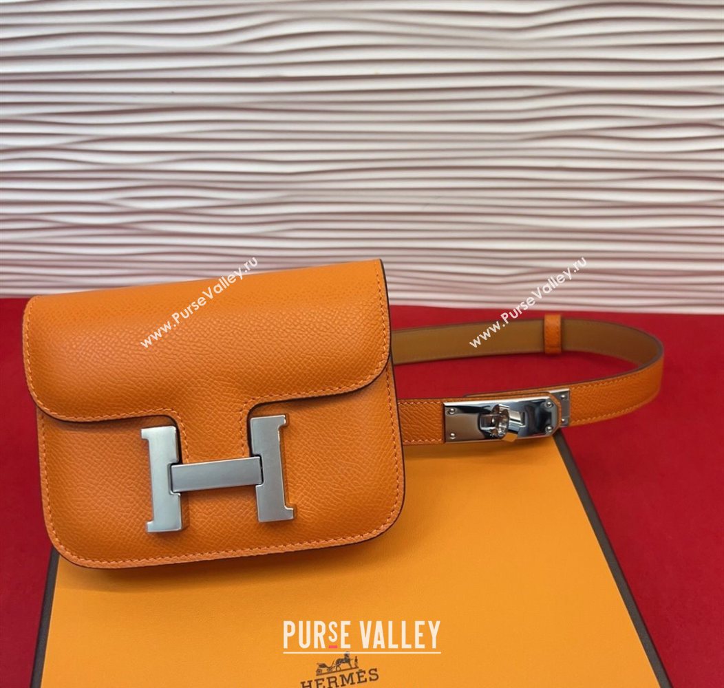 Hermes Kelly Buckle Slim Pouch Belt in Grained Calfskin with Silver Hardware Orange 2026 0104 (99-260104123)
