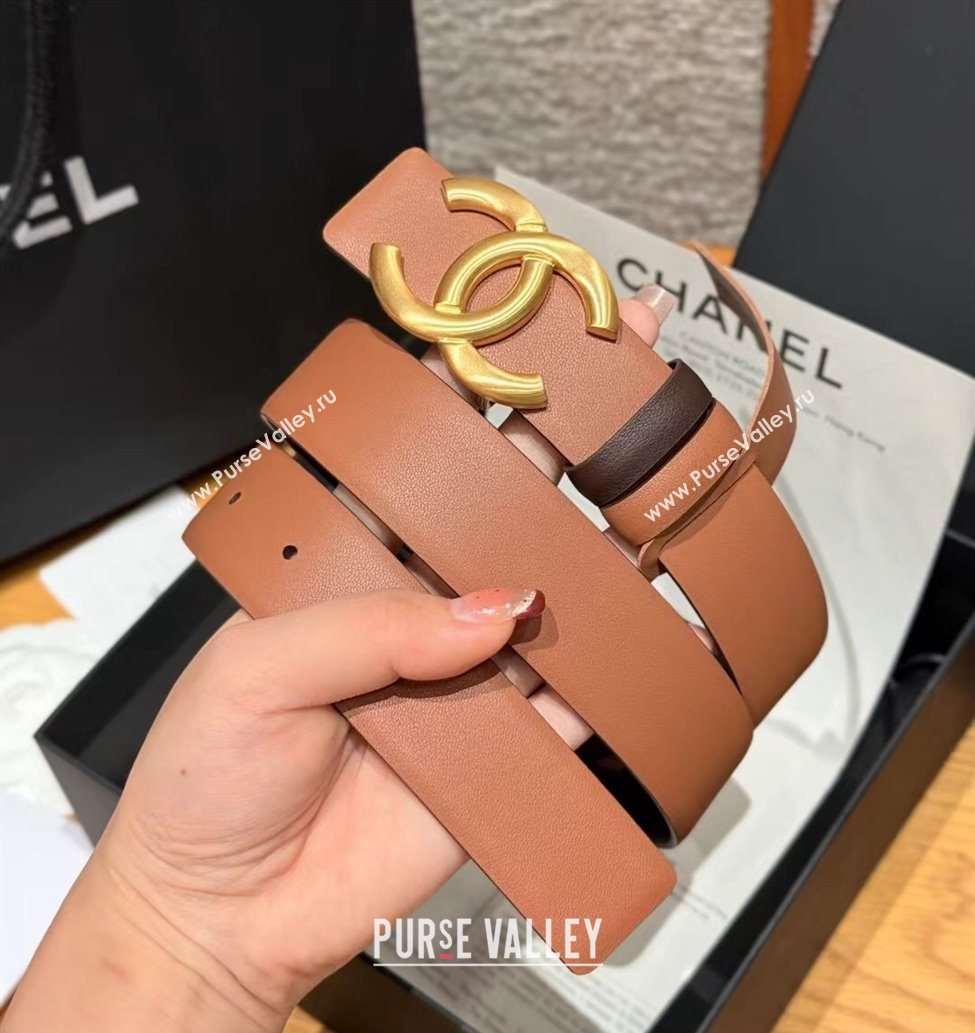 Chanel Calfskin Leather Reversible Belt 3cm with CC Buckle Brown/Gold 2025 1231 (99-251231126)
