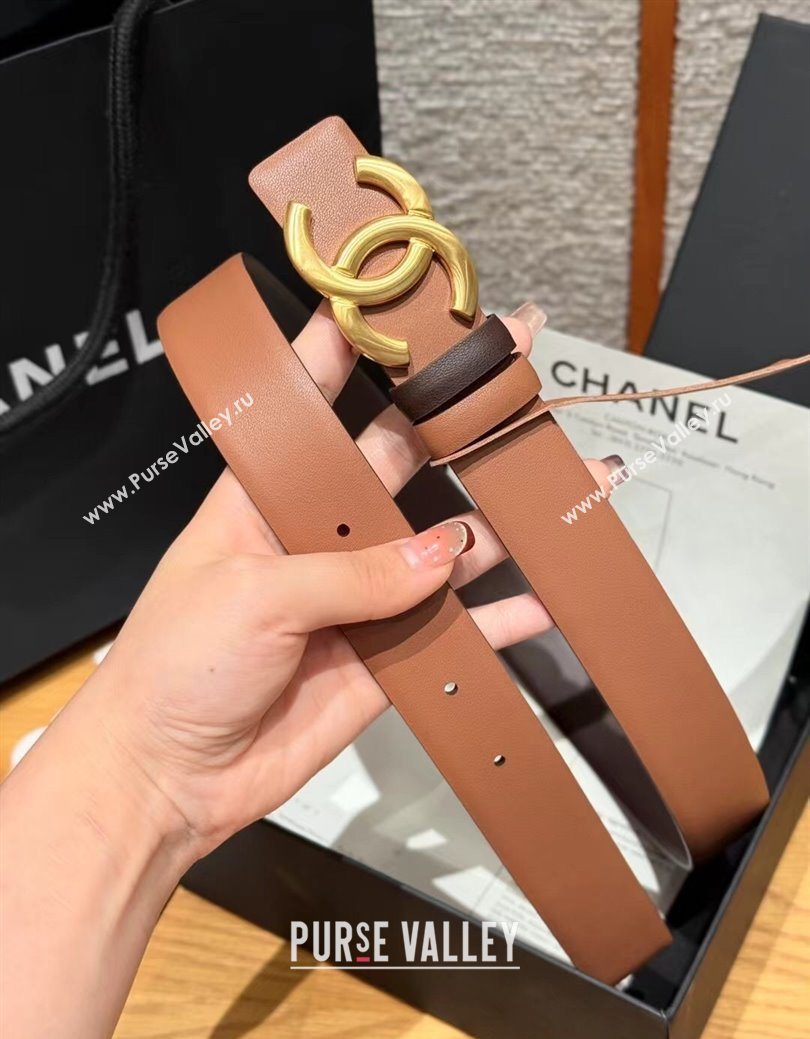 Chanel Calfskin Leather Reversible Belt 3cm with CC Buckle Brown/Gold 2025 1231 (99-251231126)