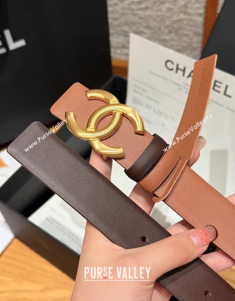 Chanel Calfskin Leather Reversible Belt 3cm with CC Buckle Brown/Gold 2025 1231 (99-251231126)
